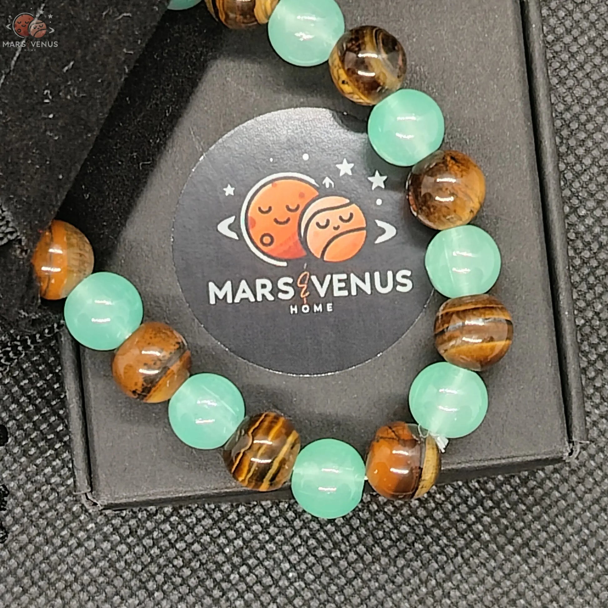 Bracelet en perles naturelles d' Aventurine verte et œil de tigre. Mars & Venus Home