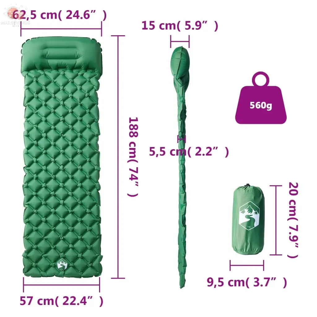 Matelas De Camping Gonflable Avec Oreiller 1 Personne Vert